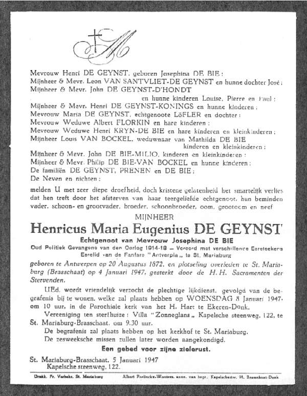 Overlijdensbrief Henricus De Geynst